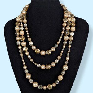 3-Strand Bead & Faux Pearl Statement Necklace